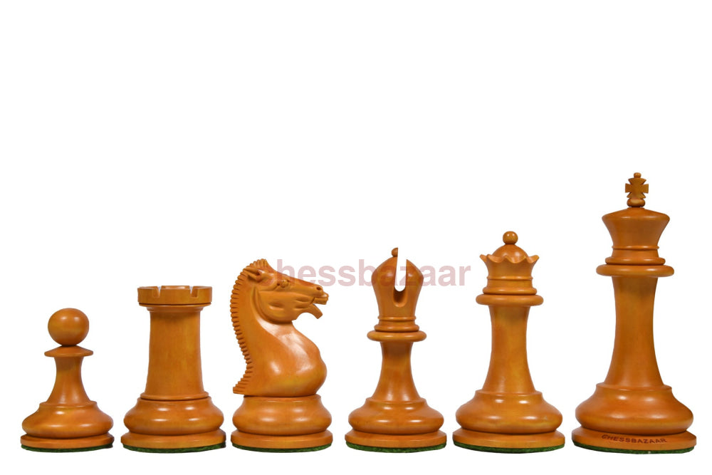 Harwitz 1852 Staunton Schachfiguren mit prächtiger Prägung auf der Seite des Königs aus Ebenholz und veraltetem Buchsbaumholz – KH 116 mm