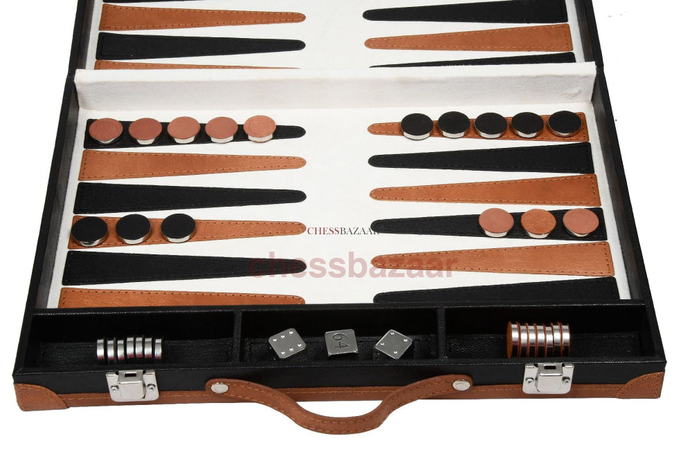 Klappbares Backgammon-Set Aus Echtem Leder In Schwarz Und Braun