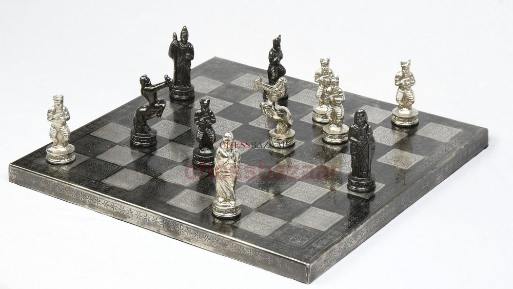 Massive Handgefertigte Messing-Schachfiguren Mit Premium-Schachbrett In Glänzender Grau- Und
