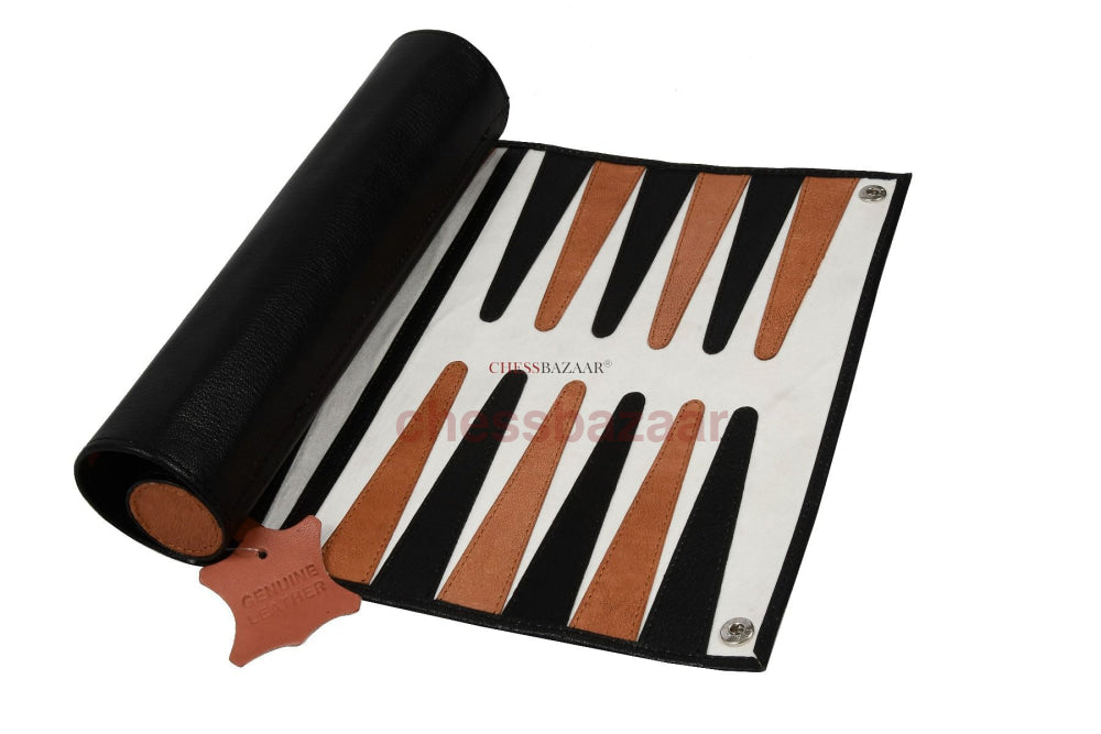 Roll-Up-Backgammon-Set aus echtem Leder in den Farben Schwarz und Braun