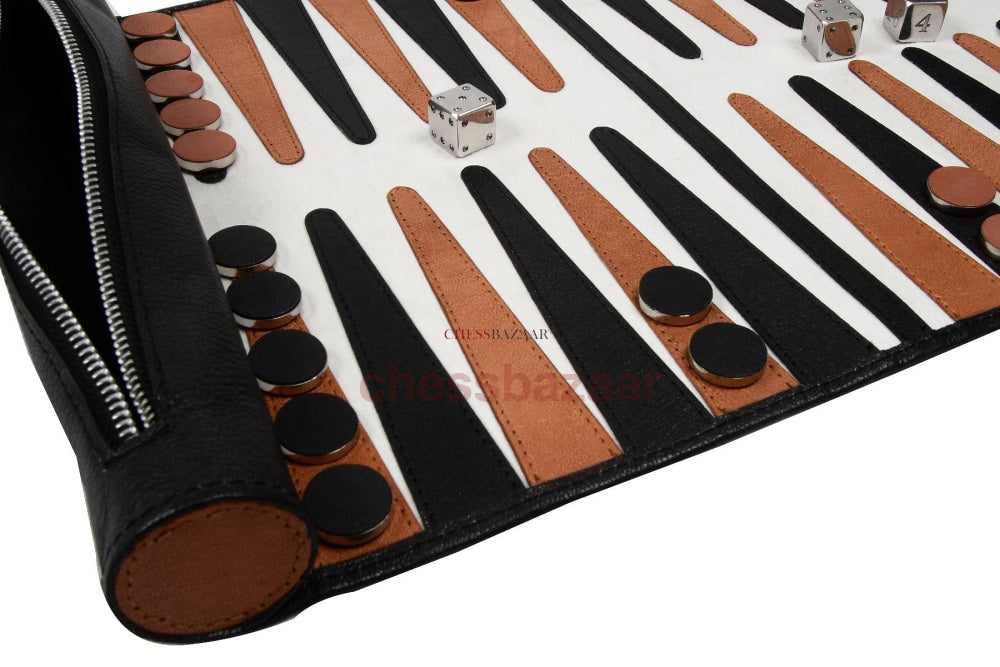Roll-Up-Backgammon-Set Aus Echtem Leder In Den Farben Schwarz Und Braun