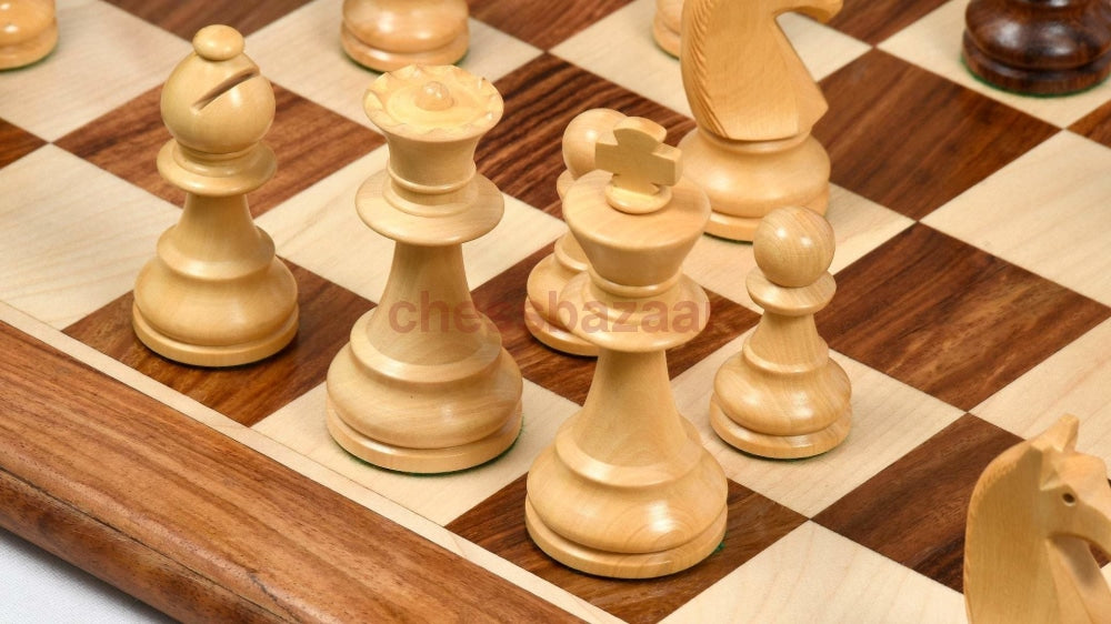 Schachset - französische Chavet Staunton 90er Jahre Schachfiguren und Schachbrett aus Sheeshamholz und Buchsbaumholz – KH 93 mm