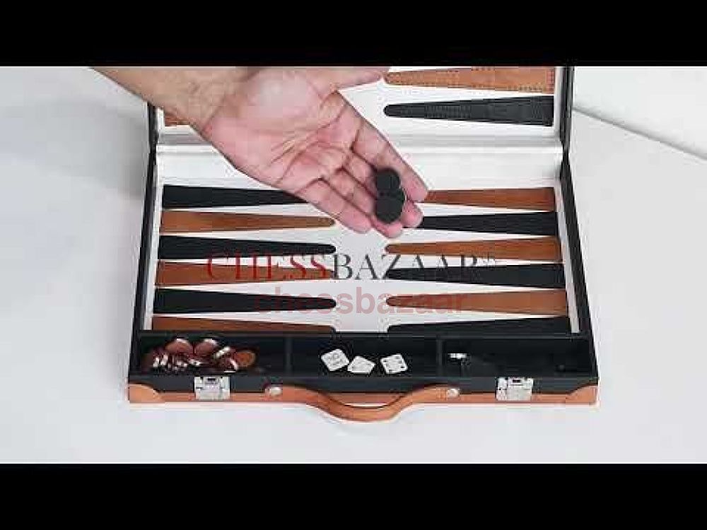 Klappbares Backgammon-Set aus echtem Leder in Schwarz und Braun