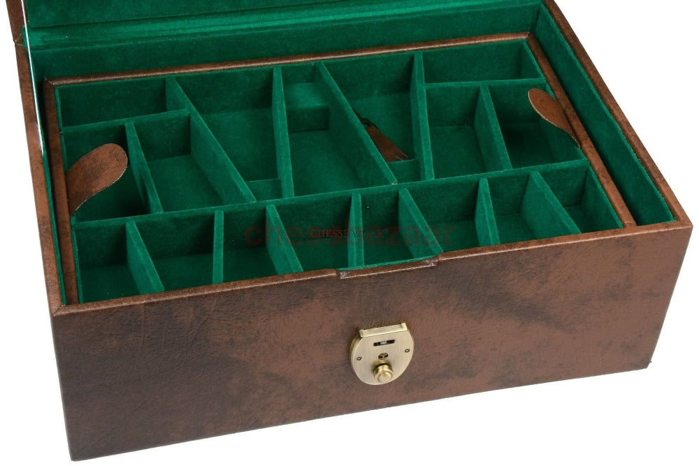 Kunstleder-Schachspiel-Aufbewahrungsbox mit doppelter Ablage, festen Schlitzen für 4