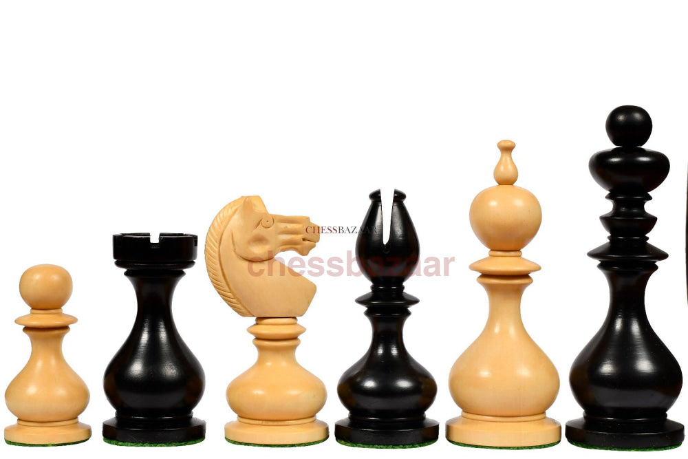 Reproduzierte antike Calvert-Schachfiguren mit Dublin-Muster aus ebonisiertem und natürlichem Buchsbaum mit Brett und Aufbewahrungsbox – 4,1 Zoll King