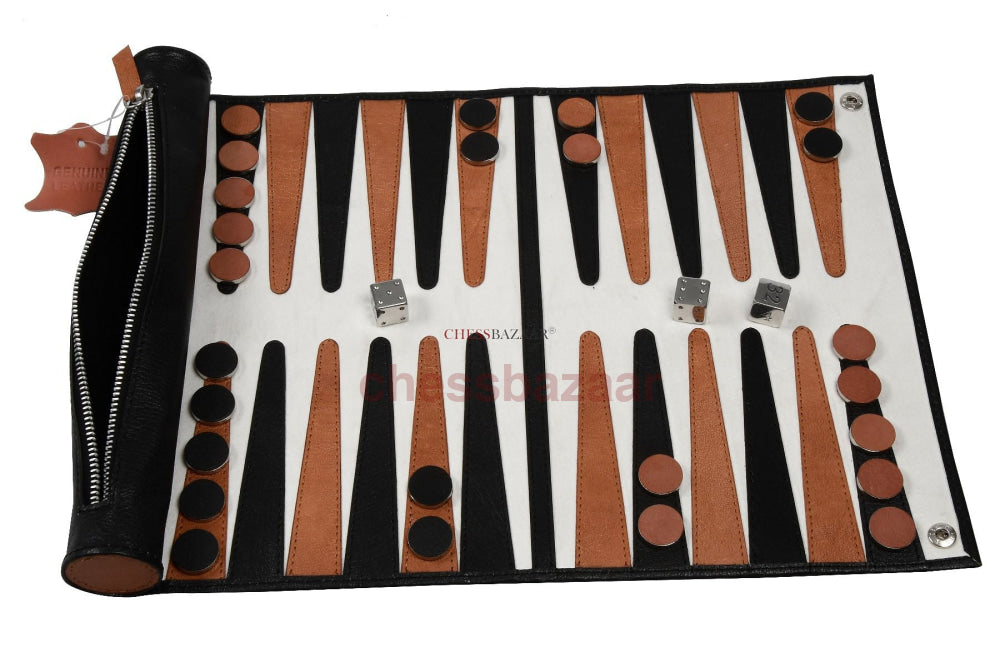 Roll-Up-Backgammon-Set Aus Echtem Leder In Den Farben Schwarz Und Braun