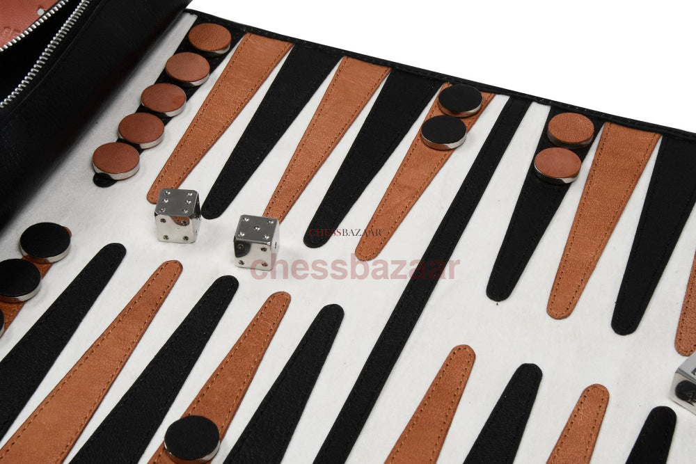 Roll-Up-Backgammon-Set Aus Echtem Leder In Den Farben Schwarz Und Braun