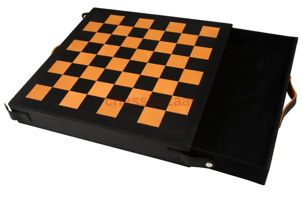 Schachbrett Aus Echtem Leder Mit Integrierter Aufbewahrung In Black Anigre & Antique Color 16 - 45Mm