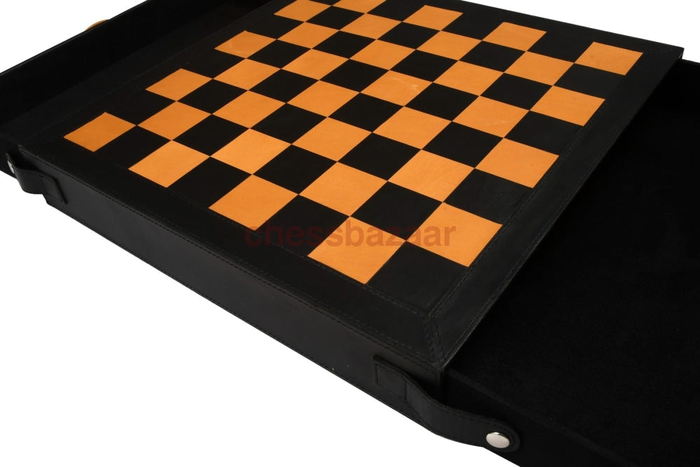 Schachbrett Aus Echtem Leder Mit Integrierter Aufbewahrung In Black Anigre & Antique Color 16 - 45Mm