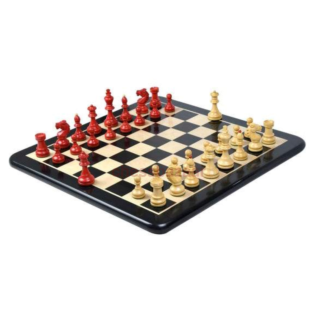 Schachspiel - Reproduzierte 1950 Bohemia Vintage Staunton Schachfiguren aus rot gebeiztem Buchsbaumholz mit deutschen Springern : KH 99  mit einem Schachbrett aus Ebenholz - FG 50 mm und mit einem Aufbewahrungskoffer