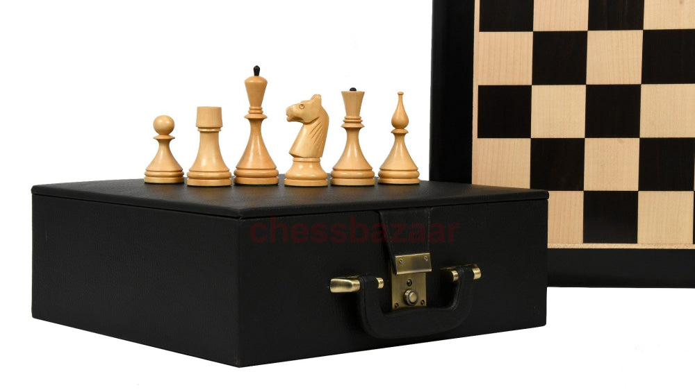 Schachspiel - Reproduzierte Sowjet-Ära 1961 Baku Schachfiguren aus eingefärbtem Buchsbaumholz und Natur – KH 103 mm  mit einem Schachbrett aus Ebenholz - FG 50 mm und mit einem Aufbewahrungskoffer