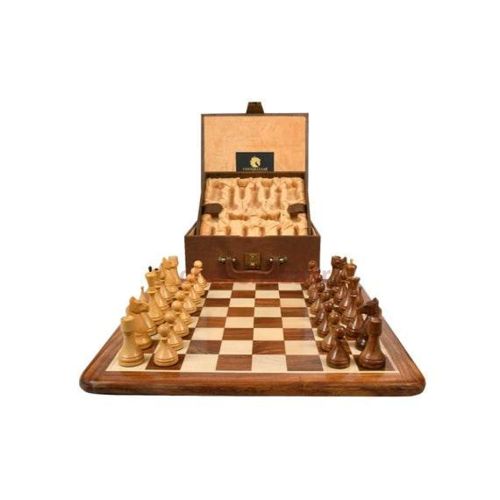 Schachspiel - Reproduzierte Sowjet-Ära 1961 Baku Schachfiguren aus Sheeshamholz und Natur – KH 103 mm  mit einem Schachbrett aus Sheeshamholz - FG 55 mm und mit einem Aufbewahrungskoffer